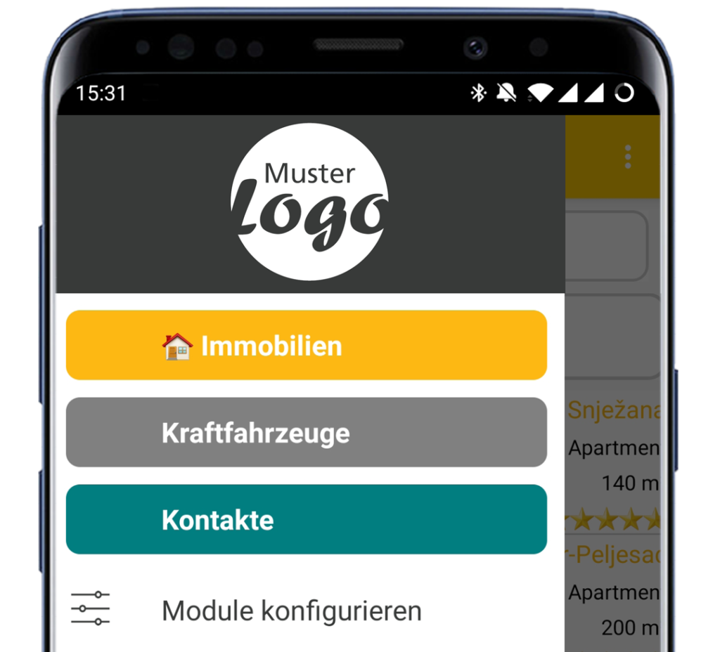 Menü der datenbanken24 Mobile App mit Ihrem Logo